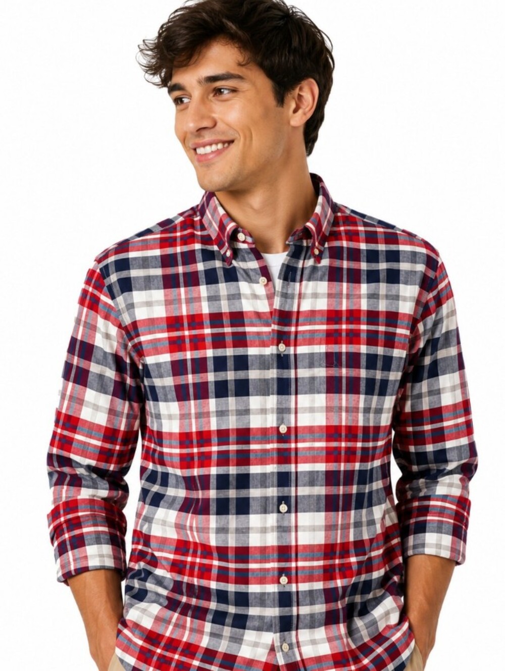 NWT Chaps Men's  Large Red Blue White Plaid Casual Button-Down Shirt